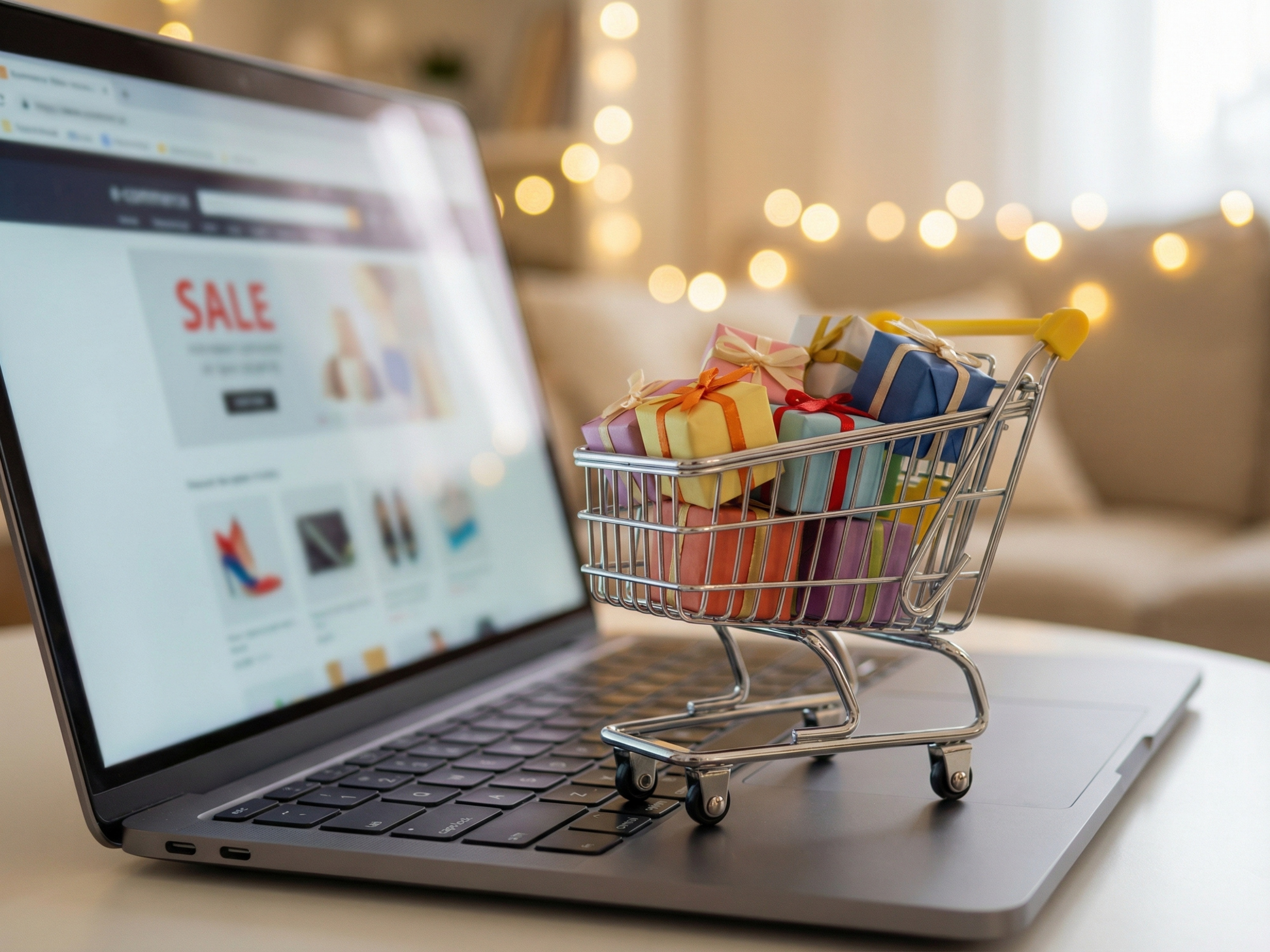A miniature shopping cart filled with colourful gift boxes sitting on a laptop displaying an online sale, representing the year-round peak season driven by seasonal discounts, major sporting events and the continued growth of online retail demand on warehouse operations.
