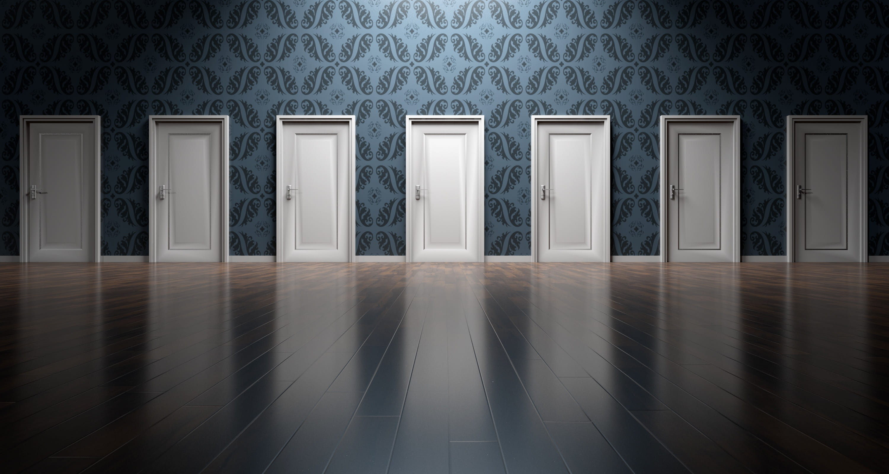 Multiple closed doors in a row representing the critical decision-making moment for warehouse investment, as operations teams navigate the converging pressures of audit season, budget cycles and peak season preparation to choose the right path forward.