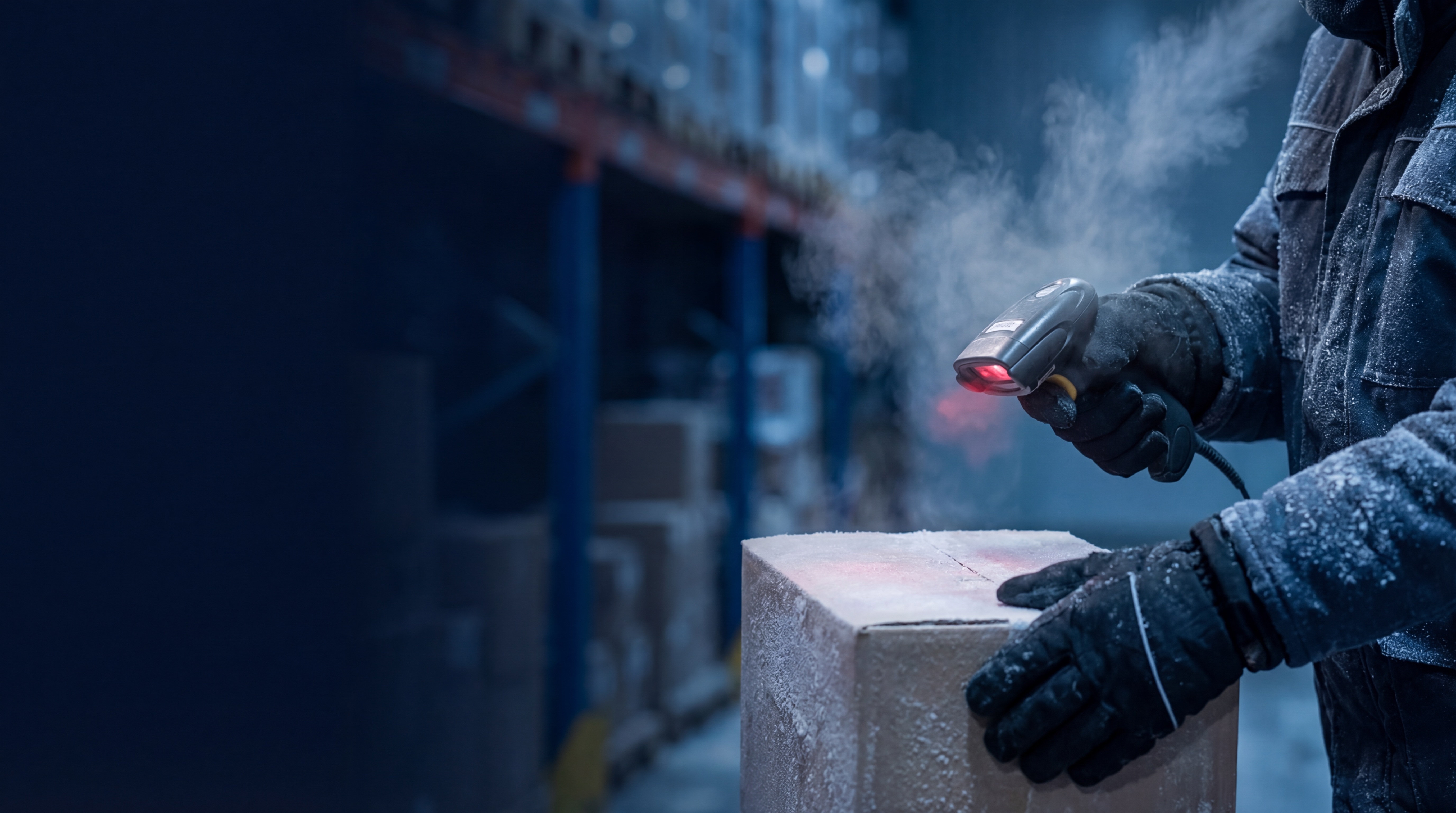 A warehouse operative in heavy-duty gloves scanning a frost-covered box with a barcode scanner in a cold storage facility, representing the limitations of traditional handheld warehouse scanning technology compared to modern autonomous inventory data collection methods.