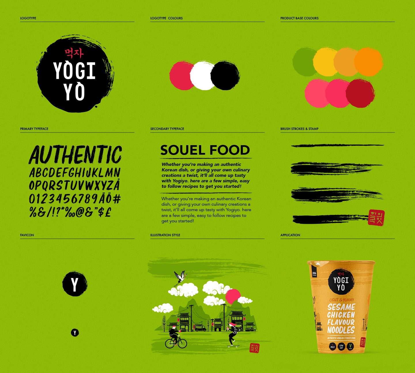 Yogiyo brand identity board showing logotype in black circle with Korean text, primary and secondary typefaces, color palettes, brush strokes, favicon, illustration style of a Korean street scene, and product packaging for sesame chicken flavour noodles.