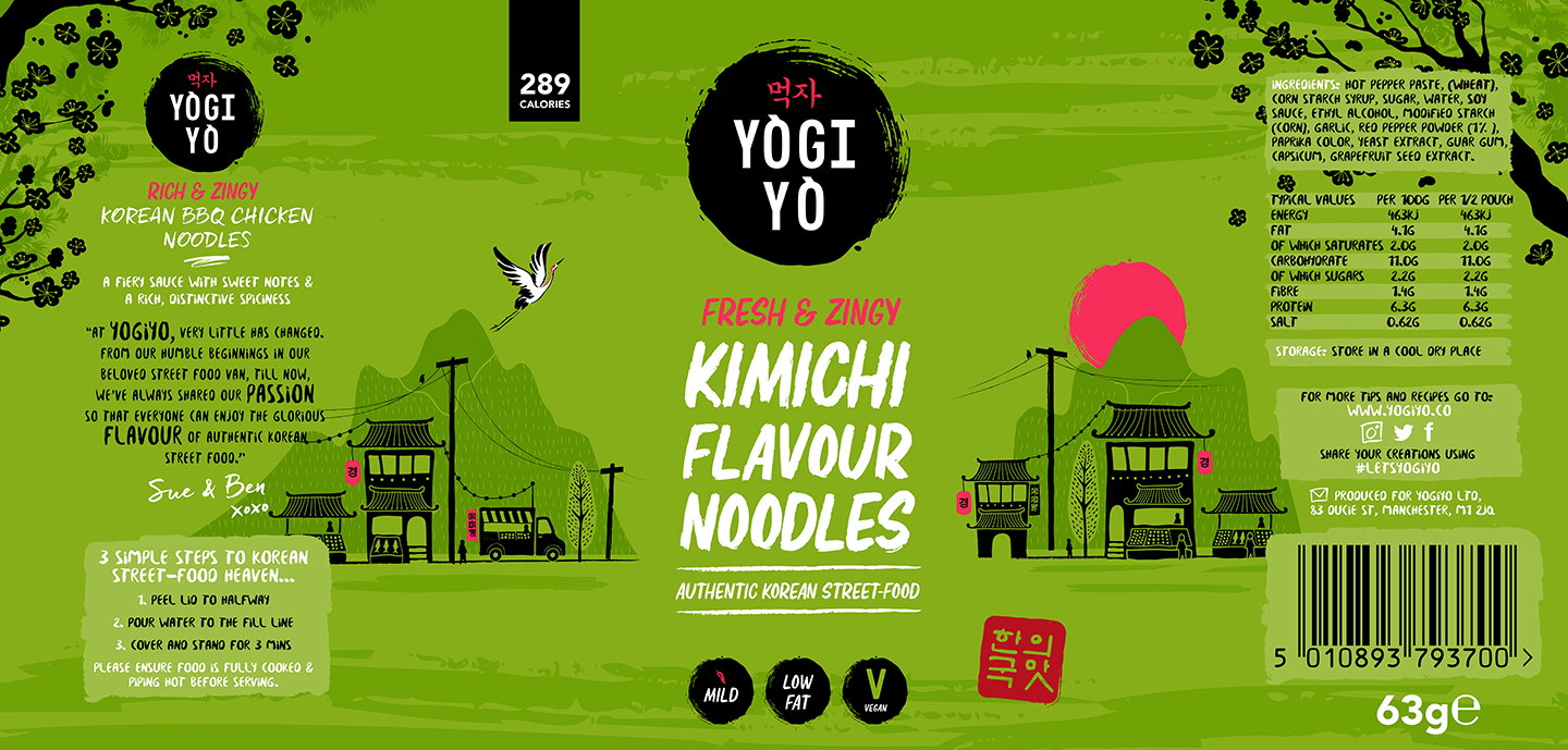 Bright green packaging for Yogi Yo Kimichi Flavour Noodles featuring Korean street food illustrations, nutritional info, ingredients, and preparation steps.