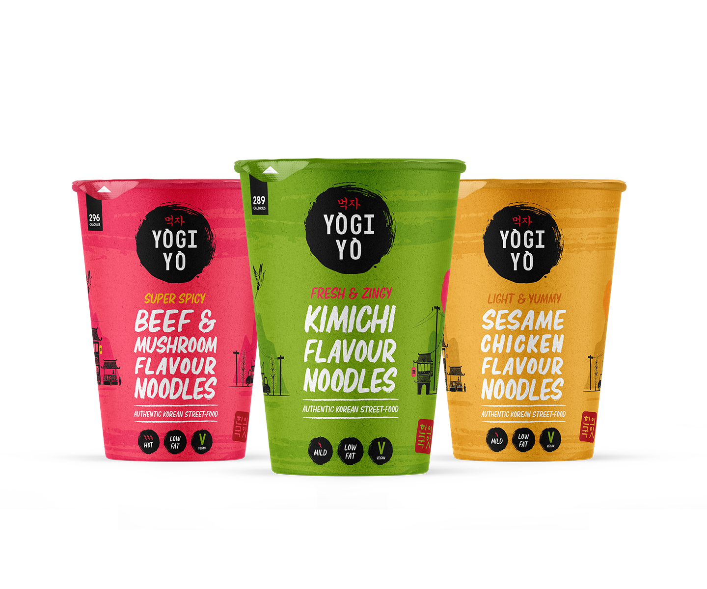 Three Yogi Yo instant noodle cups in pink, green, and orange featuring Beef & Mushroom, Kimichi, and Sesame Chicken flavors.