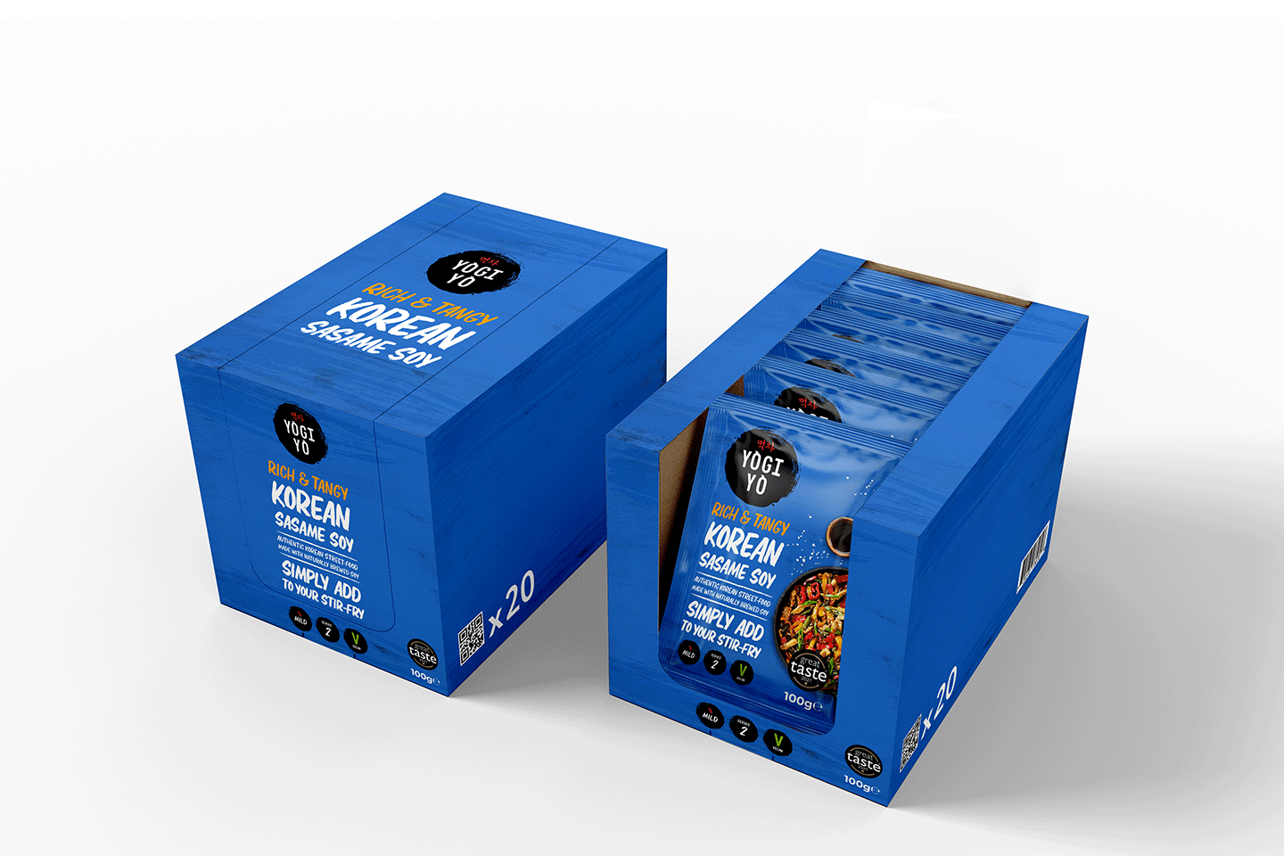 Two blue boxes of Yogi Yo Rich & Tangy Korean Sesame Soy sauce sachets, one closed and one open showing multiple sachets inside.