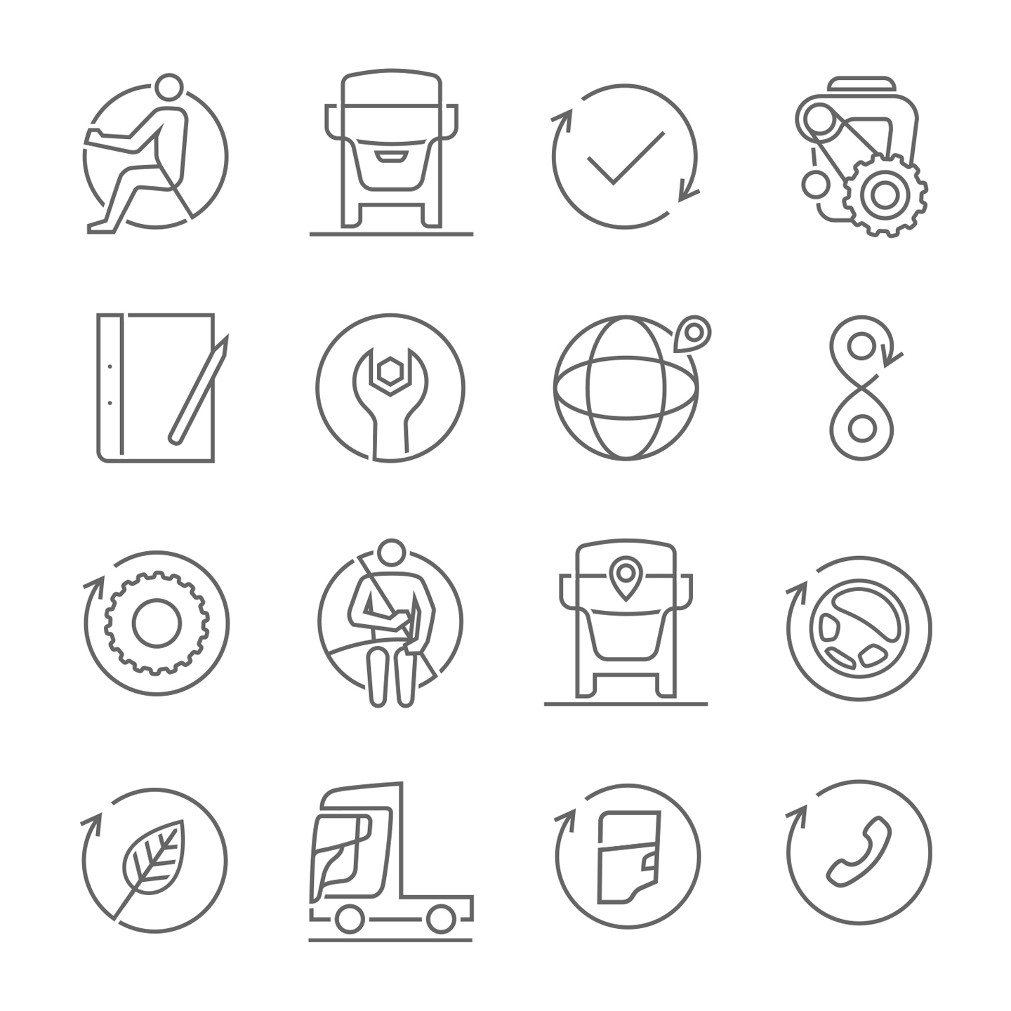 Set of 16 gray outline icons including seated person, bus front view, checkmark with arrows, engine, notebook with pencil, wrench with nut, globe with location pin, infinity loop with arrow, gear with arrow, person sitting with seatbelt, bus with location pin, steering wheel with arrow, leaf with arrow, truck side view, fuel pump with arrow, and phone handset with arrow.
