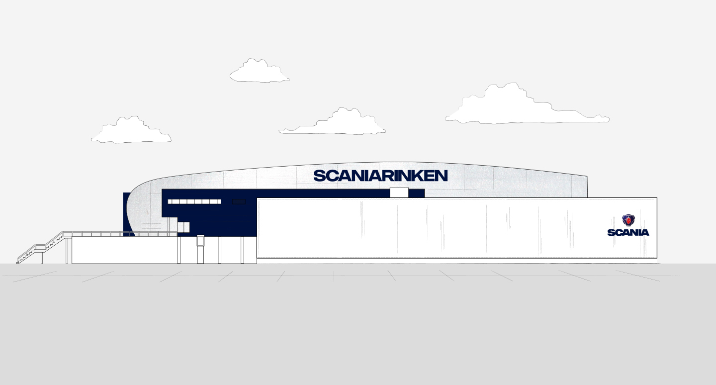 Modern building with curved roof labeled Scania Rinken and Scania logo on white exterior walls.