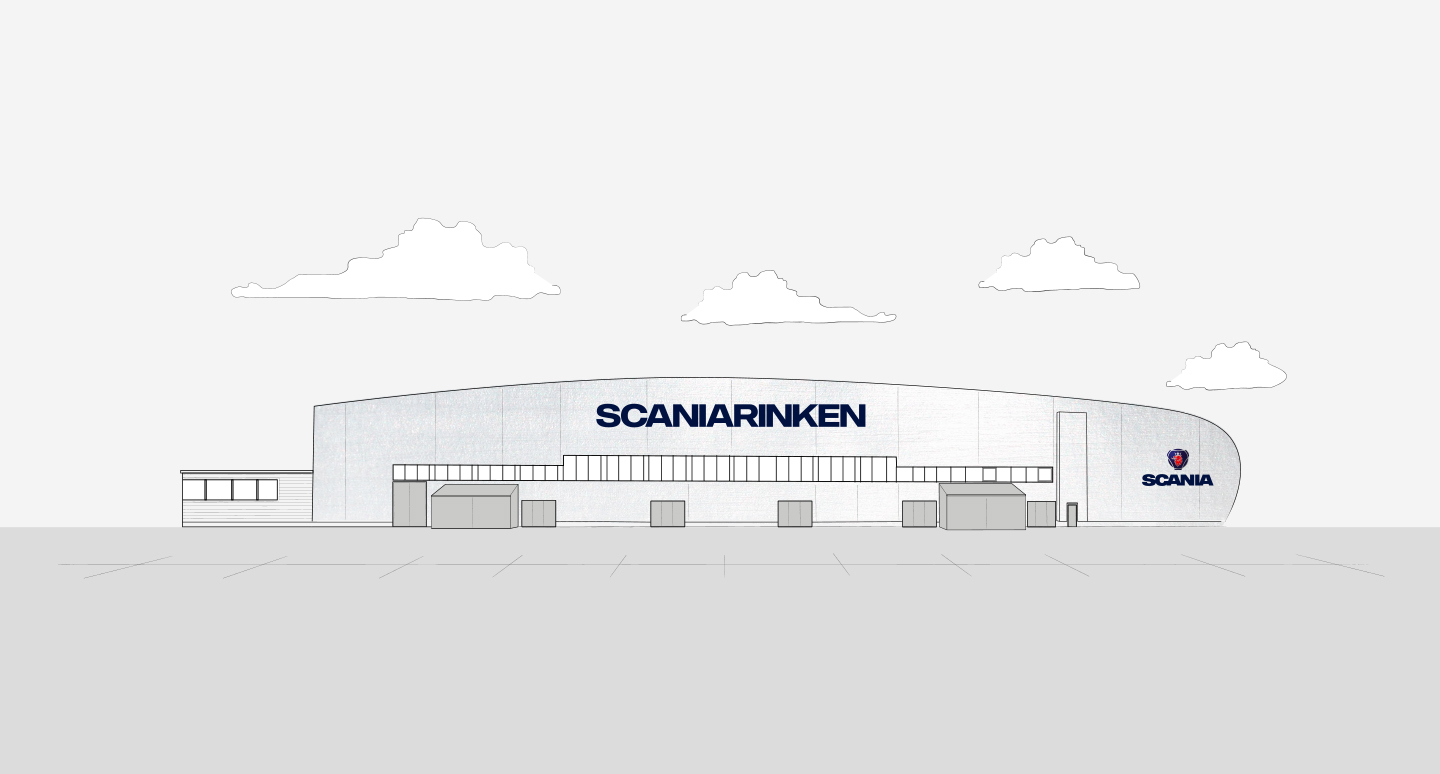 Illustration of a large, curved-roof building labeled 'Scania Rinken' with the Scania logo on the right side under a partly cloudy sky.