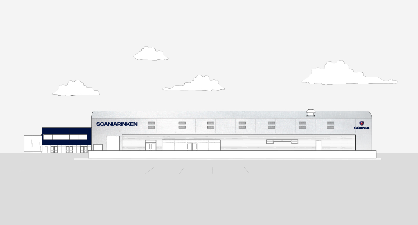 Illustration of a large industrial building labeled SCANIARINKEN and SCANIA with several small windows and clouds in the sky.
