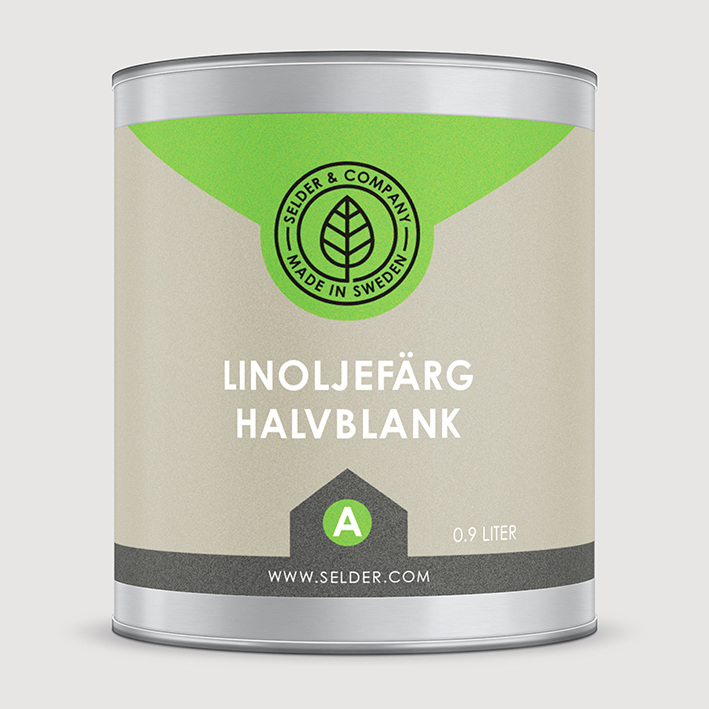 0.9-liter can of Selder & Company linseed oil paint labeled Linoljefärg Halvblank with green and beige design.