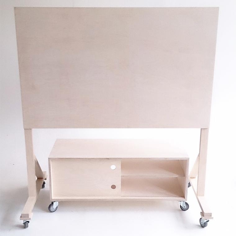 Wooden mobile whiteboard with a storage cabinet base on four wheels.