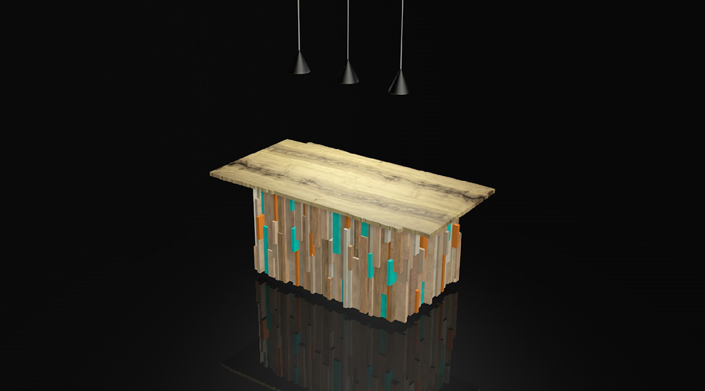 Rectangular wooden table with a light wood top and vertically arranged colorful wooden blocks on the base, illuminated by three black pendant lights.