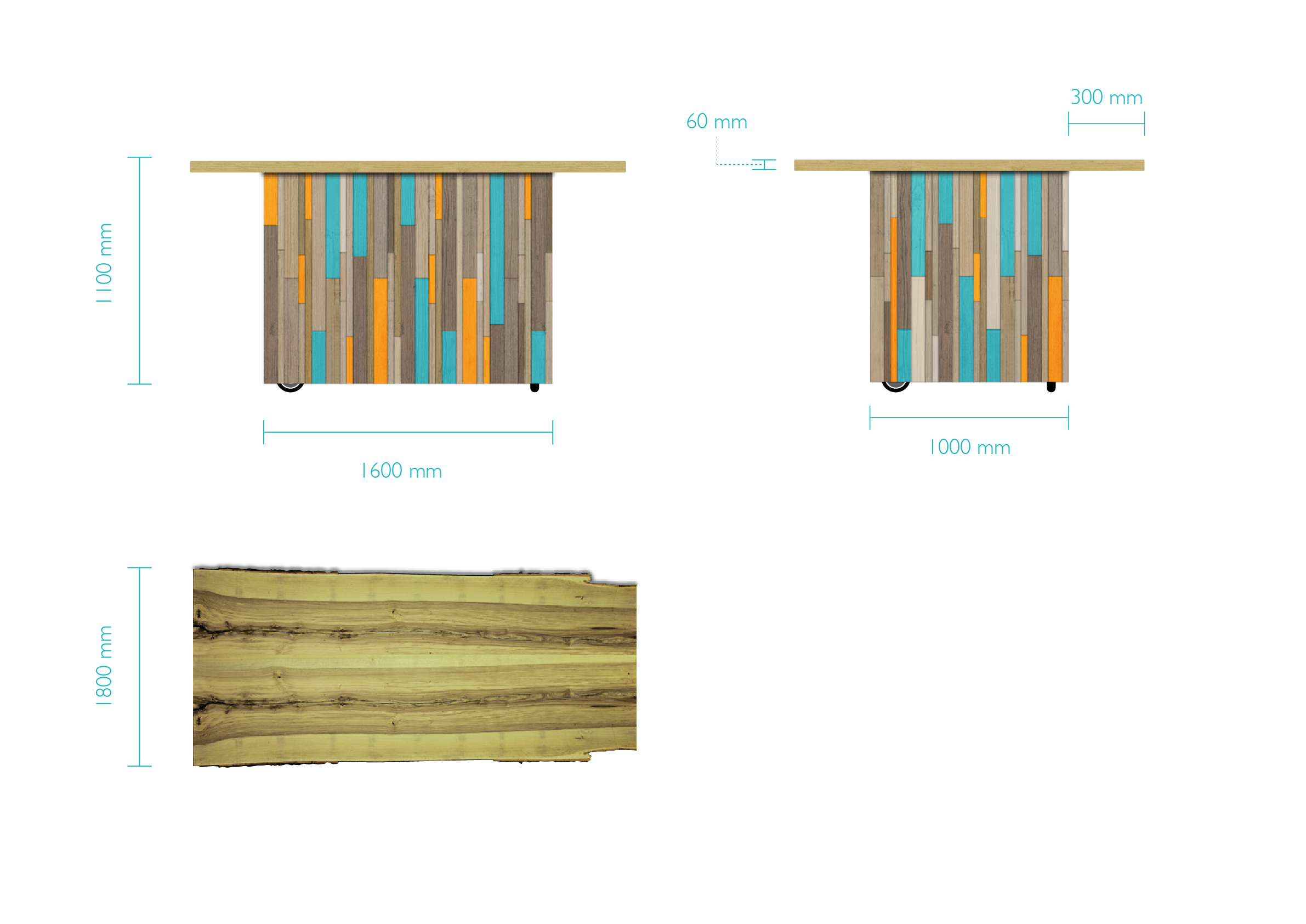 Diagram showing front and side views of a patterned wooden table with dimensions 1600 mm width, 1100 mm height, 1000 mm depth, 60 mm thickness, and a top view of the wooden tabletop measuring 1800 mm long.