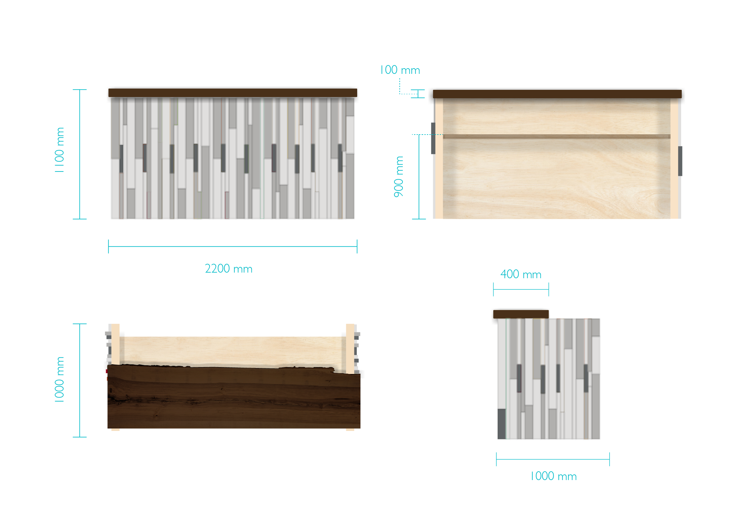 Technical drawing of a rectangular wooden table with dimensions: 2200 mm length, 1100 mm height, 1000 mm width, 400 mm tabletop thickness, and 900 mm leg height.