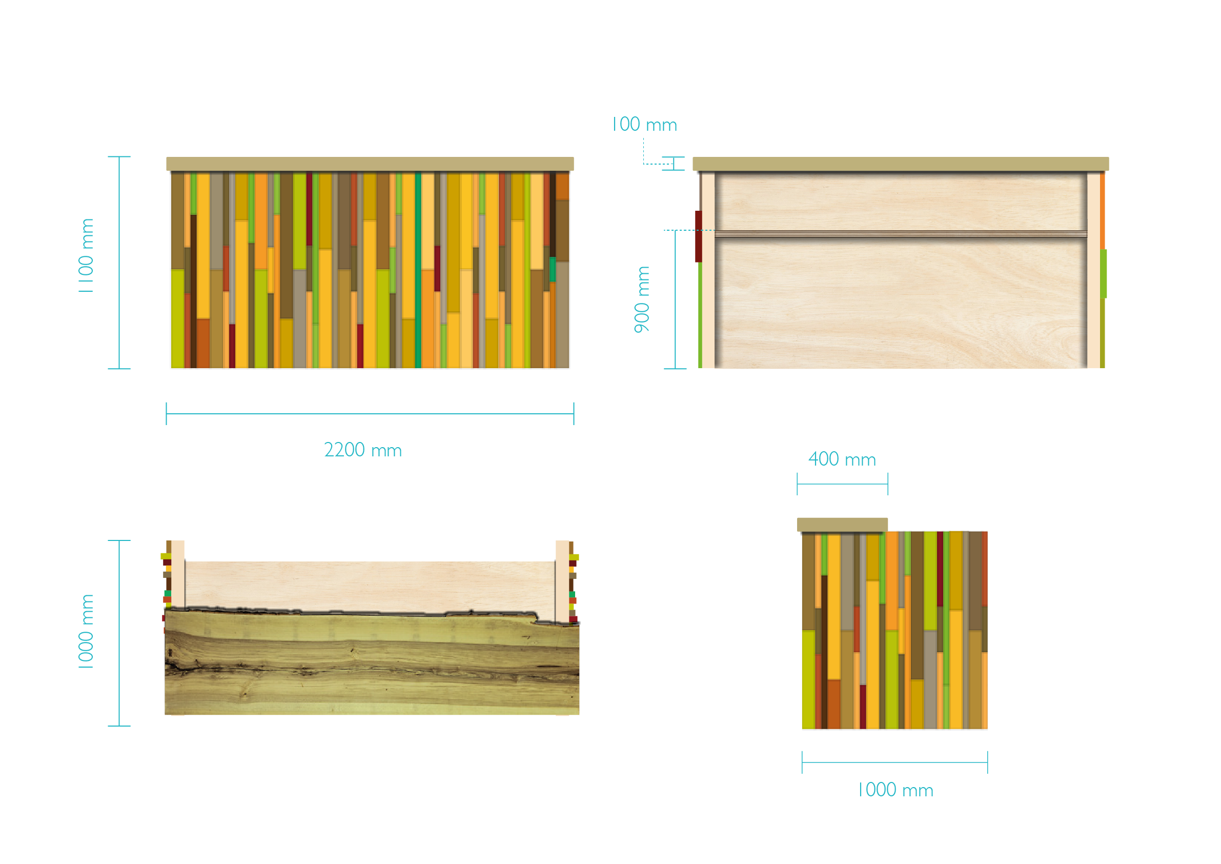 Technical drawing showing four views of a wooden piece of furniture with colorful vertical slats, including front, side, back, and top views with dimensions in millimeters.