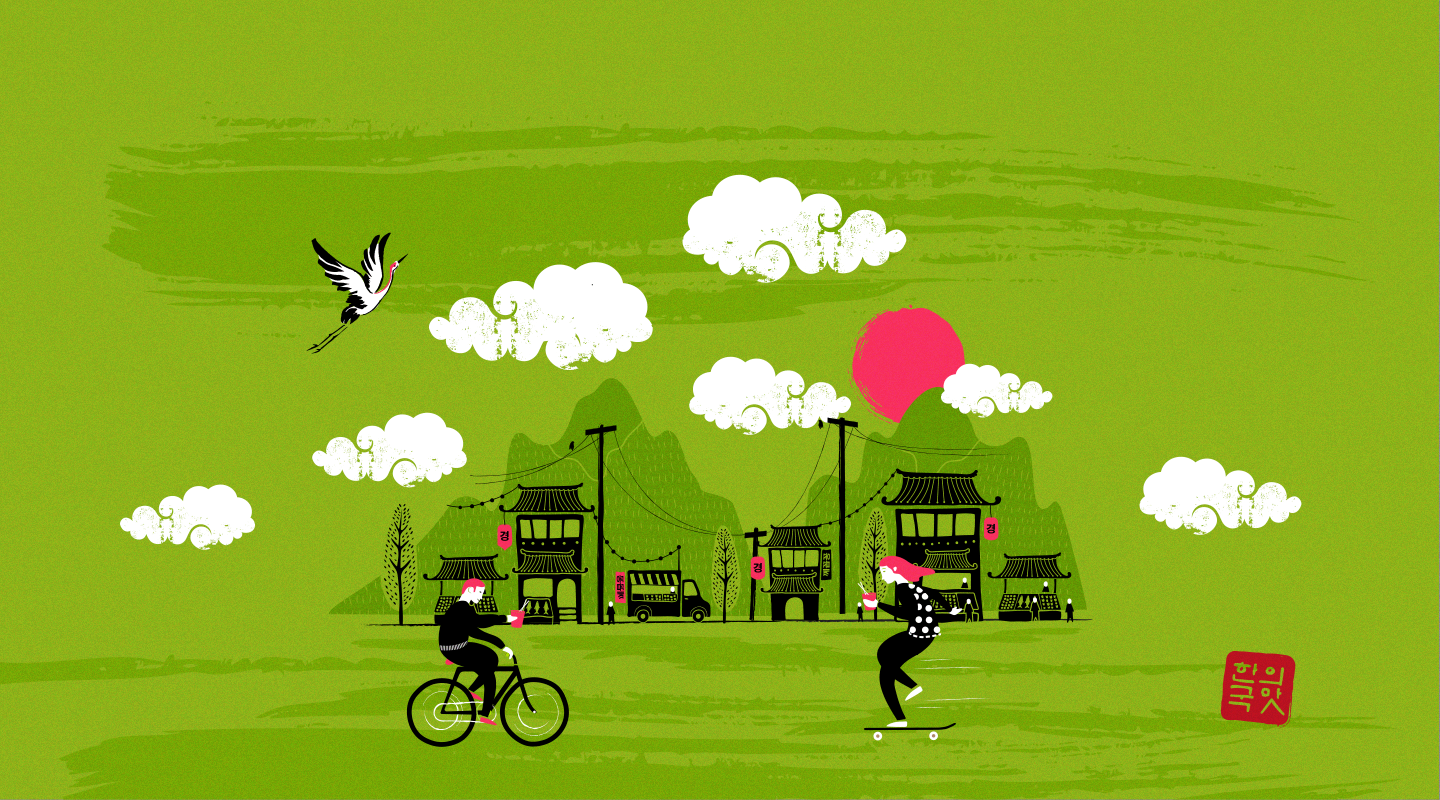 Illustration of a man on a bicycle and a woman on a skateboard drinking beverages in a stylized village with traditional Asian architecture, mountains, white clouds, a red sun, and a flying crane on a green background.