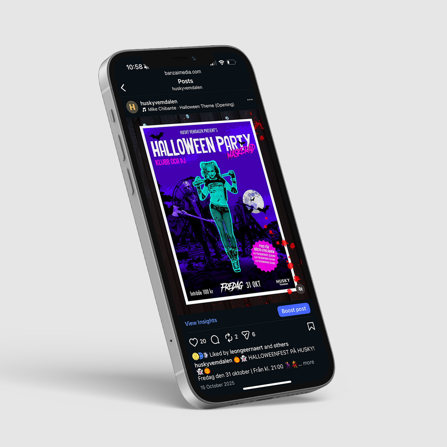 Smartphone screen displays Instagram post promoting a Halloween party with a bright purple poster featuring a character holding a bat, bats flying, and event details.