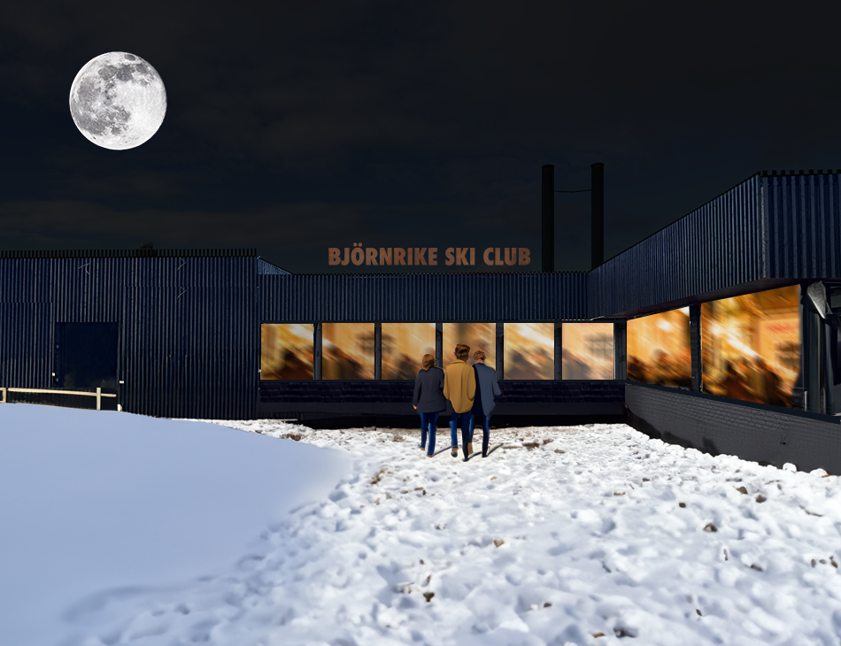 Three people walking on snowy ground towards a dark building with illuminated windows under a full moon at night, sign reading Björnrik Ski Club.