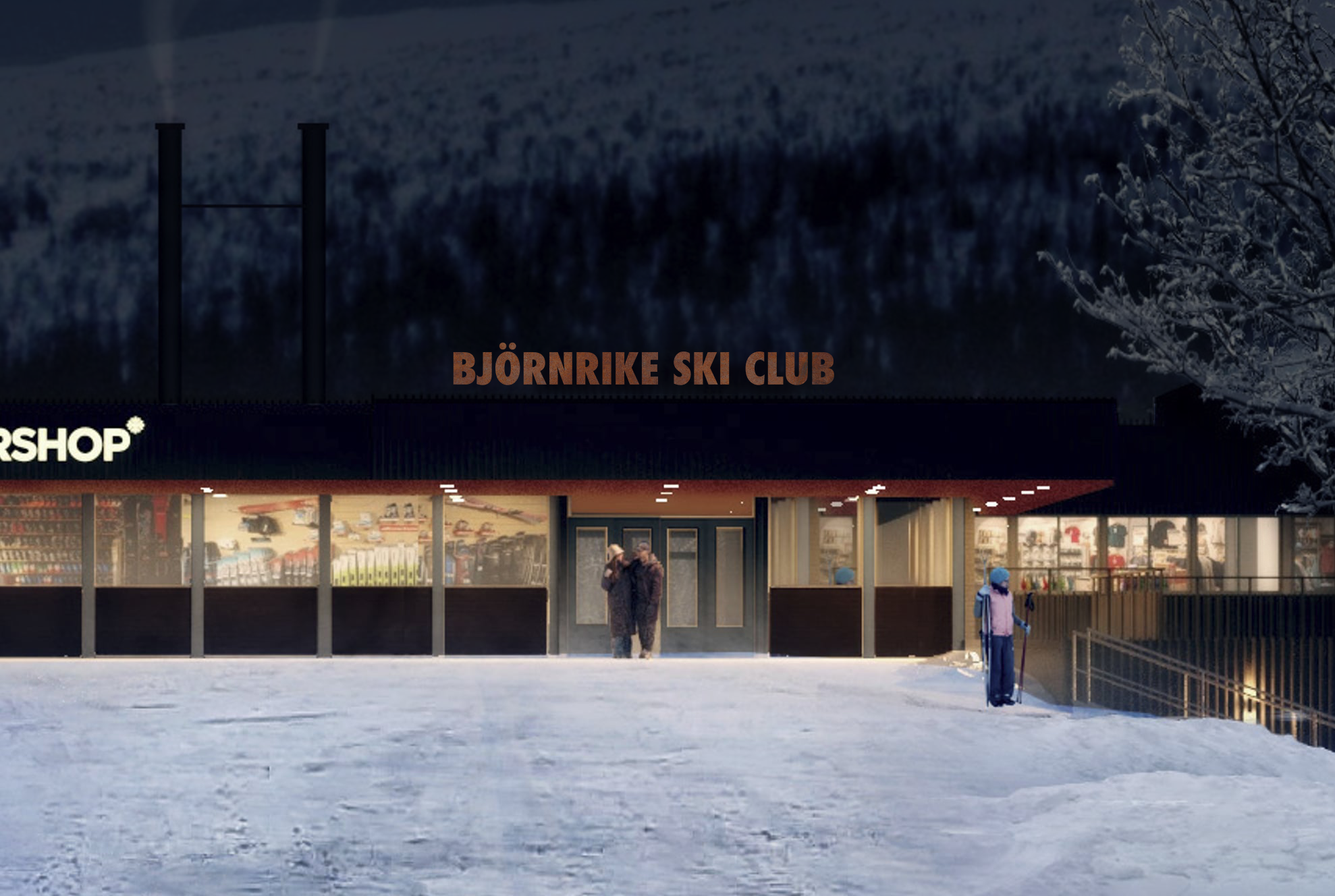 Night view of Björnrike Ski Club building with illuminated windows, snow-covered ground, two people walking near entrance, and a skier standing with poles.