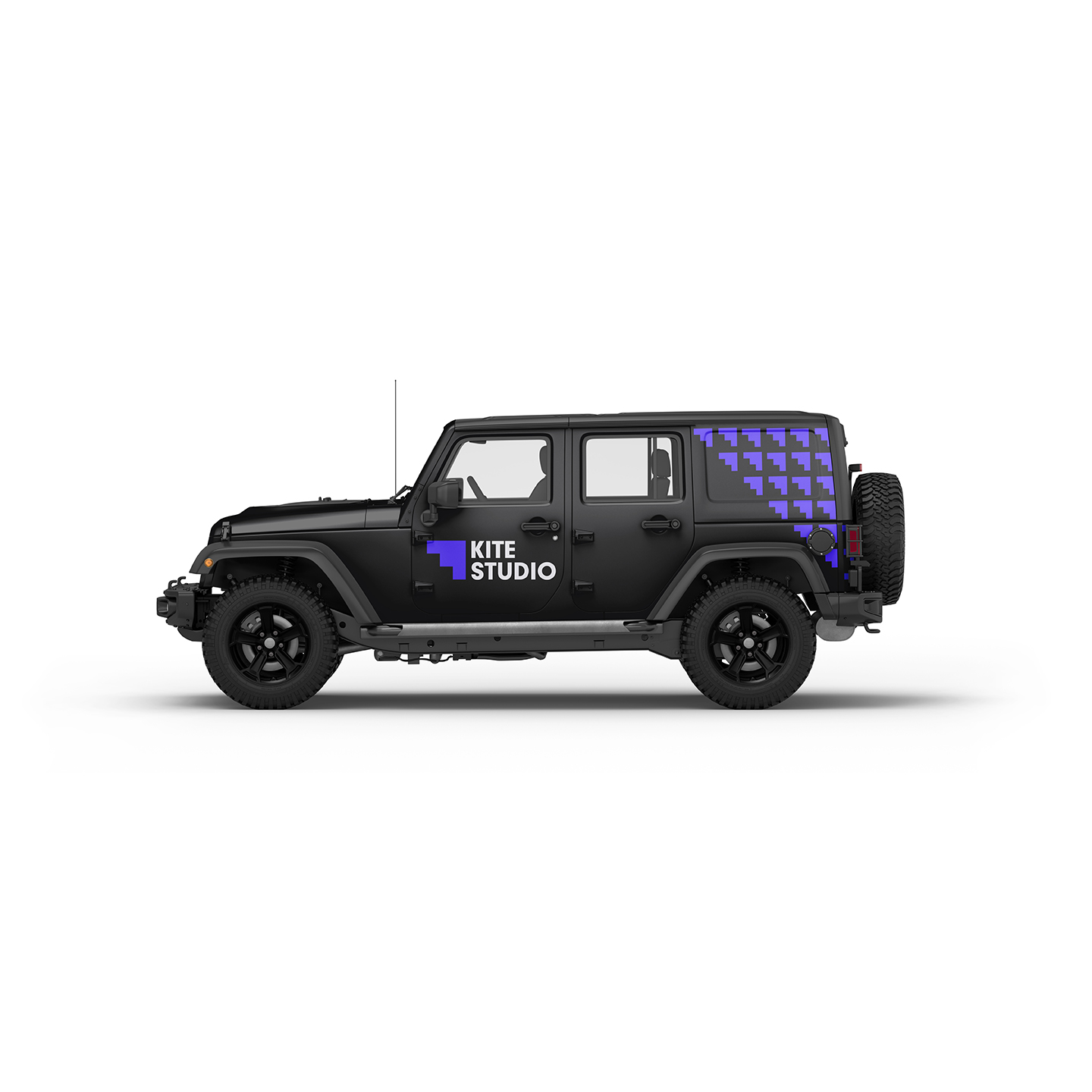 Black four-door Jeep Wrangler with black wheels featuring a purple geometric pattern on the rear side panel and the text 'KITE STUDIO' in white next to a purple geometric shape on the front door.