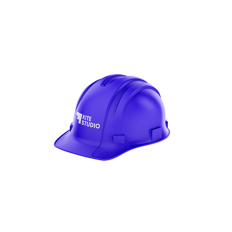 Blue construction hard hat with the white text 'KITE STUDIO' on the front left side, shown against a white background.
