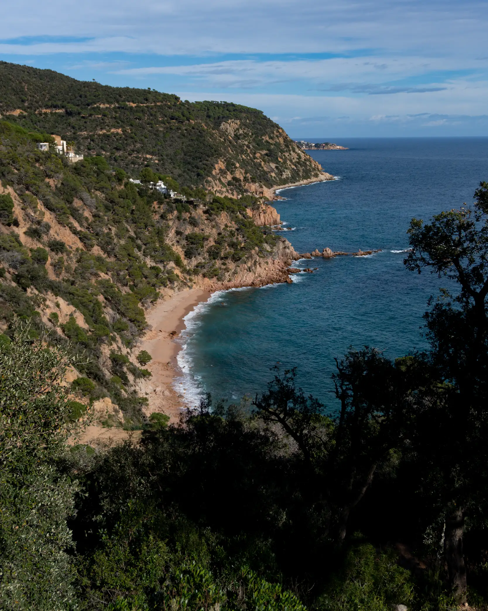Crique sauvage et falaises boisées vues depuis la route côtière de la Costa Brava, panorama d'un séjour vélo