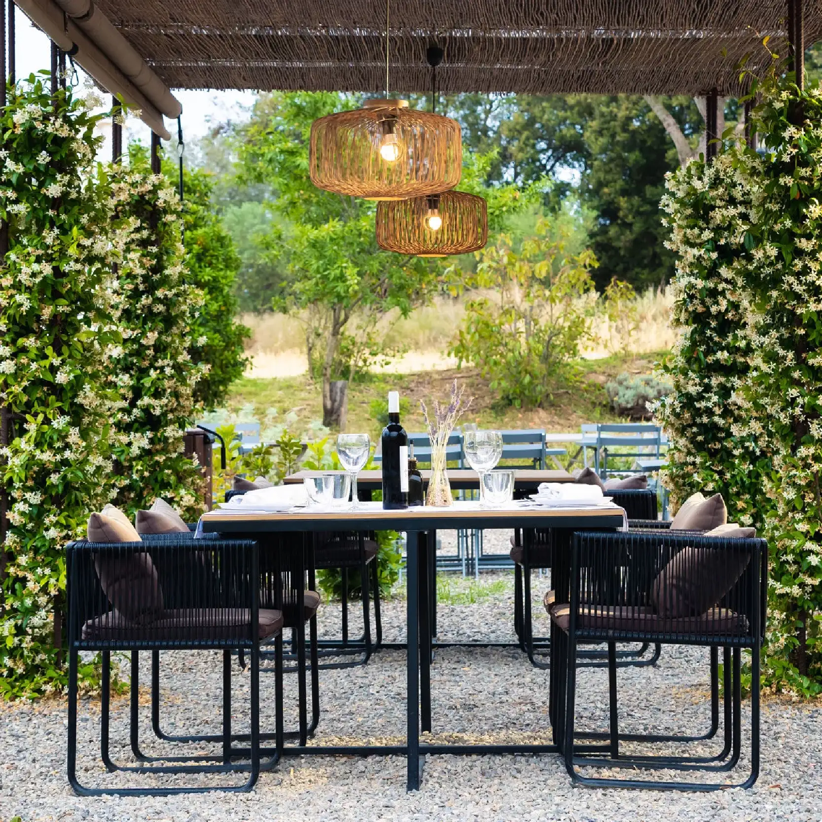 Table dressée sous une pergola fleurie de jasmin, dîner en terrasse de l'hôtel du séjour vélo KoMunity