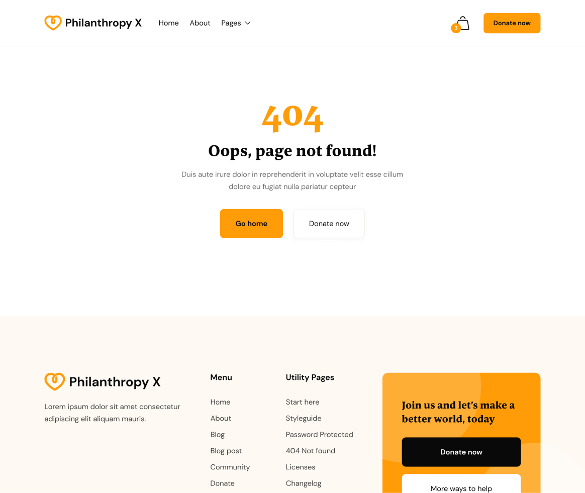 Philanthropy X - 404 not found page - Charity Webflow Template