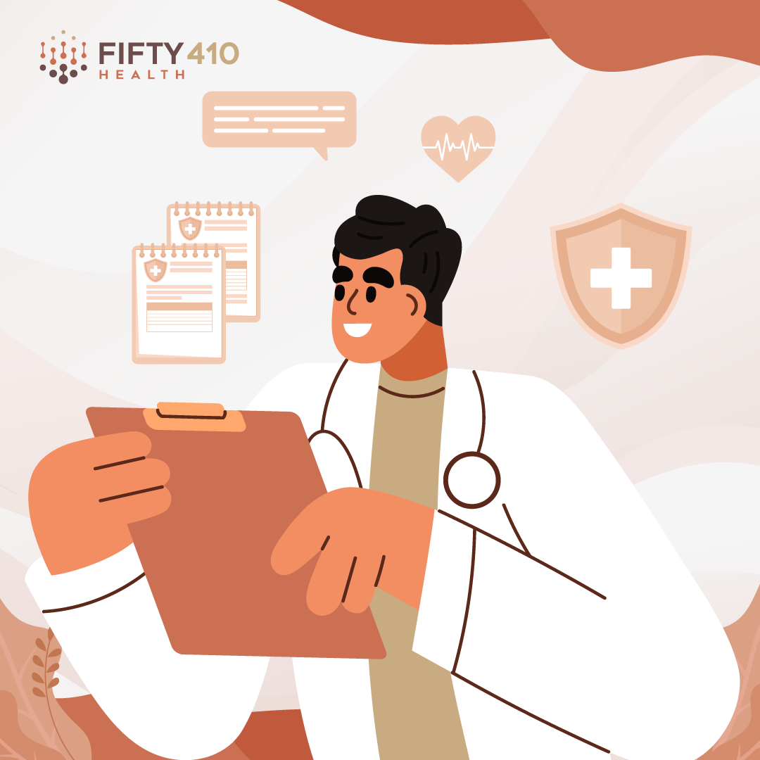 Illustration of a male doctor with a clipboard.