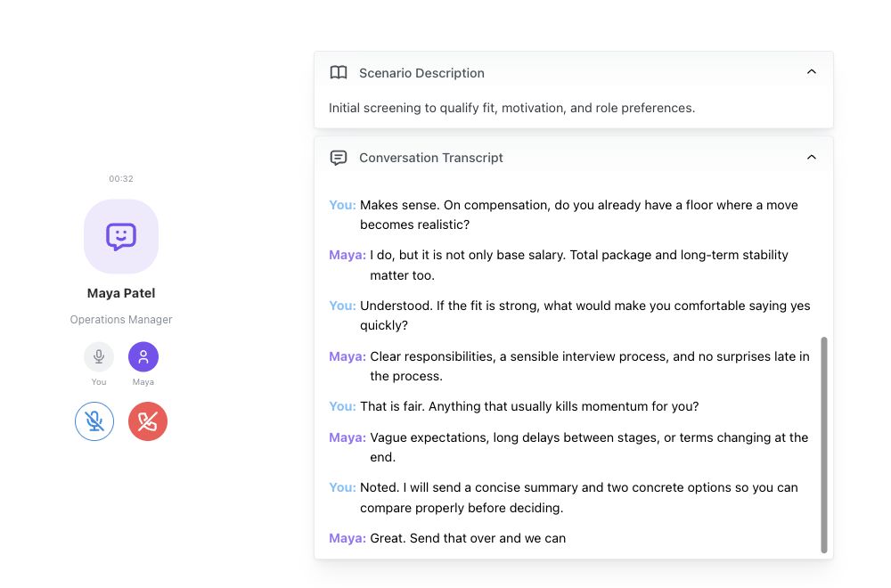TalentCoach demo screening call with an AI candidate, showing the scenario, call controls and transcript.