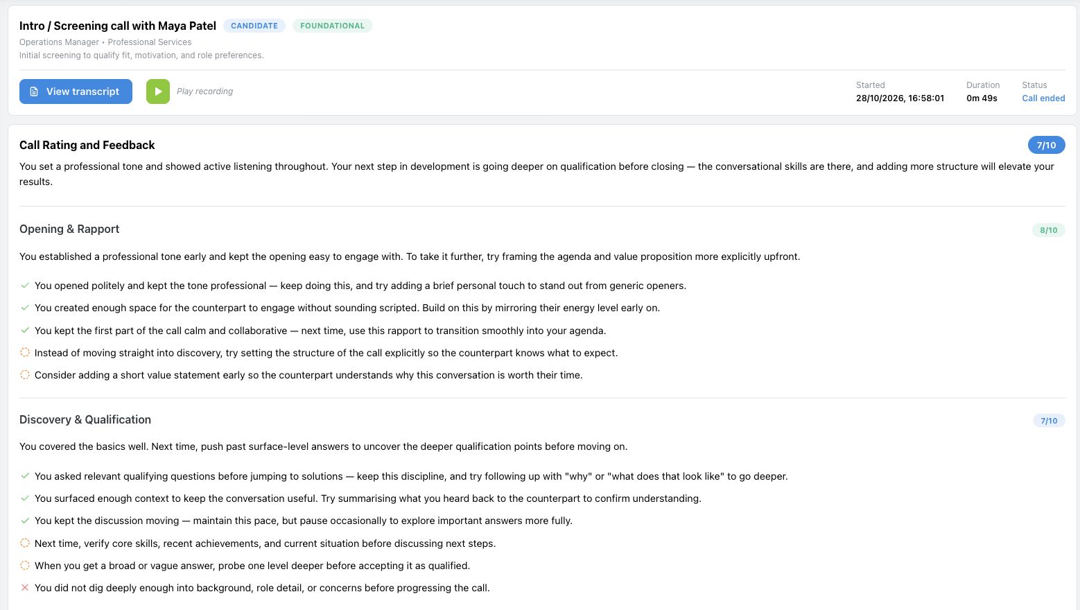 TalentCoach demo call feedback showing the overall rating, strengths and improvement points for rapport and qualification.