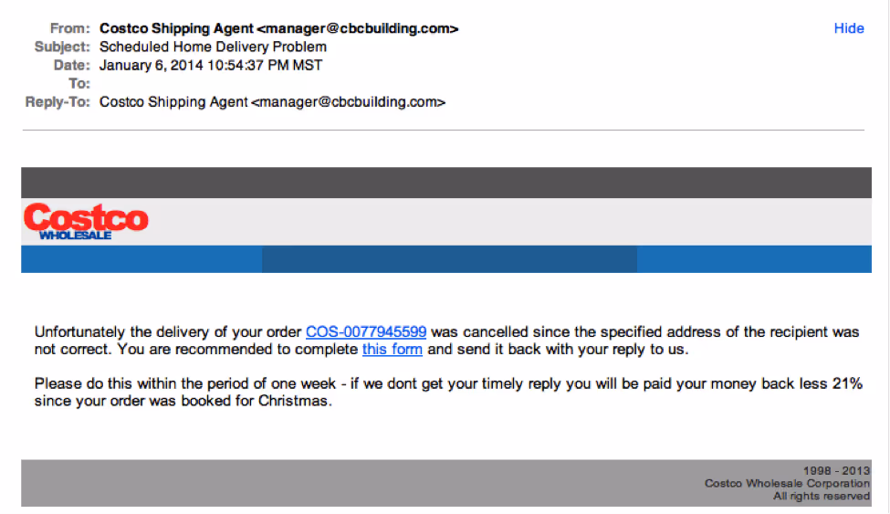 Phishing email example