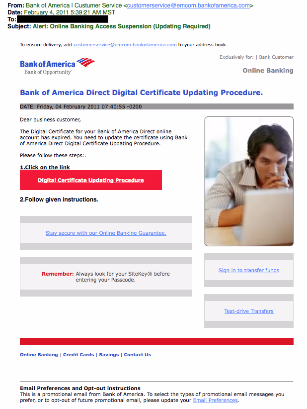 Bank of America phishing example