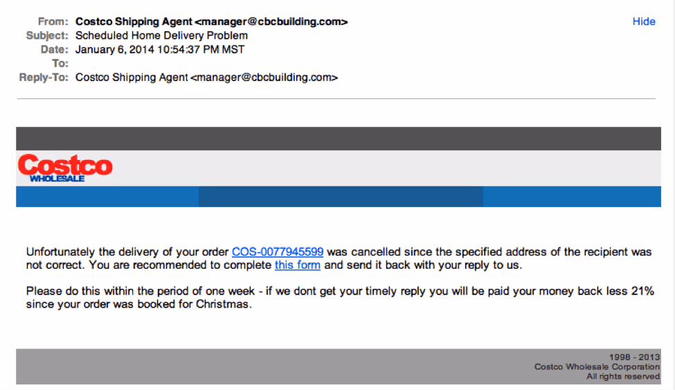 Costco phishing email example
