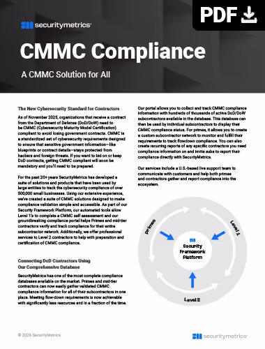 SecurityMetrics CMMC Compliance data sheet highlighting cybersecurity standards for contractors.
