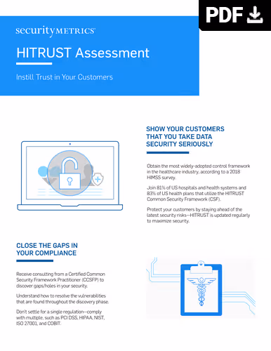 HITRUST Assessment data sheet with SecurityMetrics trust-building points and compliance info .