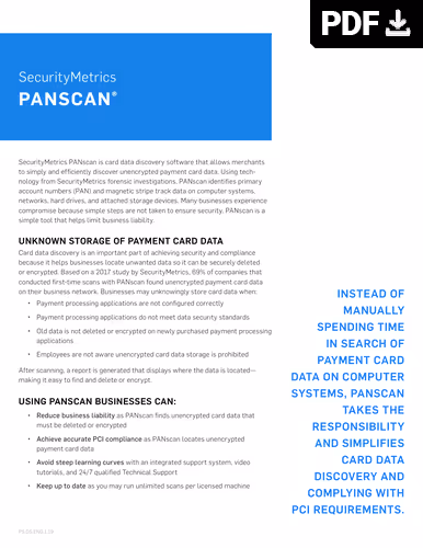 SecurityMetrics PANscan software details with benefits and compliance info on payment card data discovery.