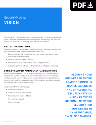SecurityMetrics Vision brochure explaining network protection, security management, and PCI DSS compliance.