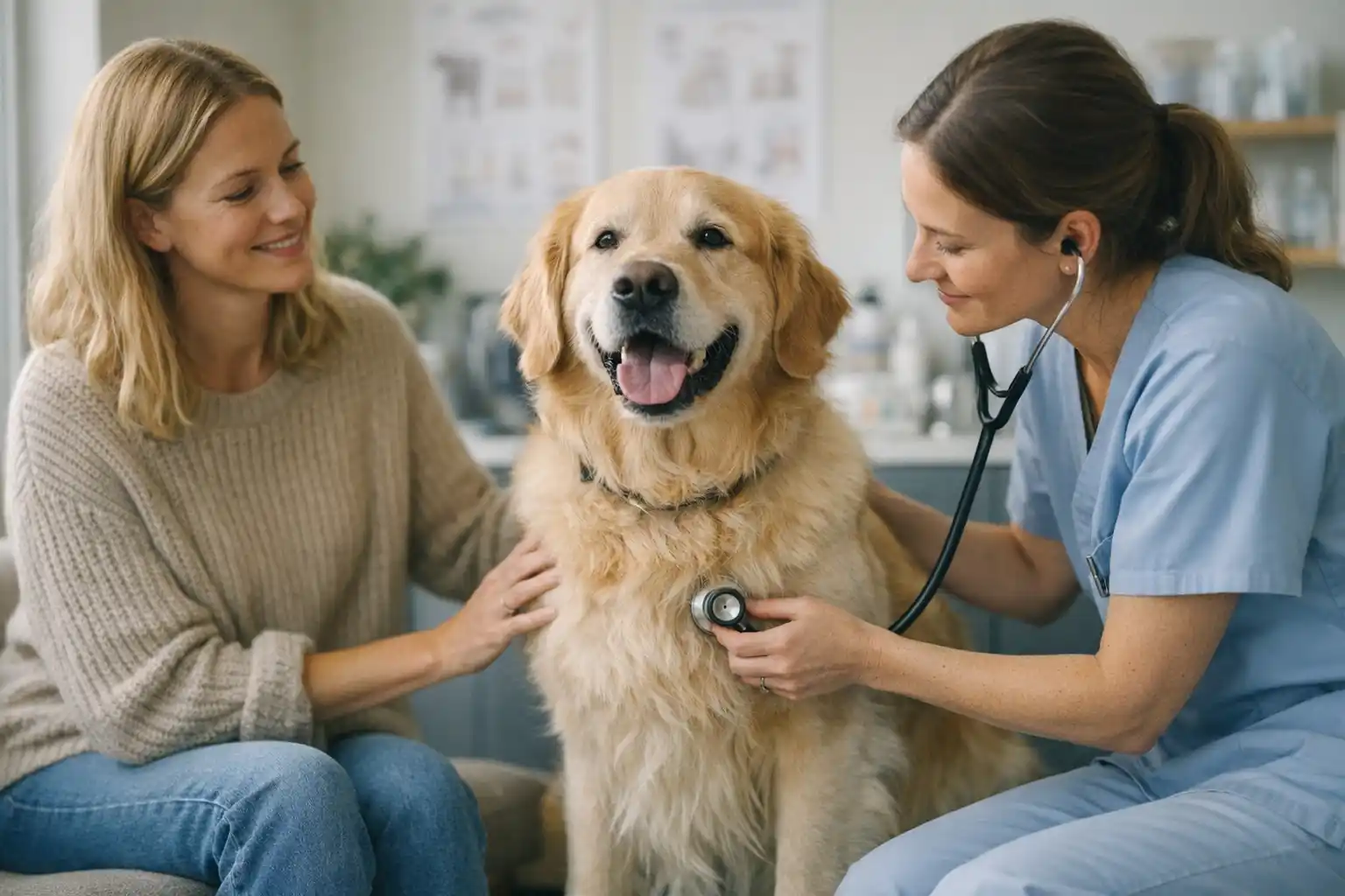 Hund hos dyrlæge med ejer - hundeforsikring dækker behandling