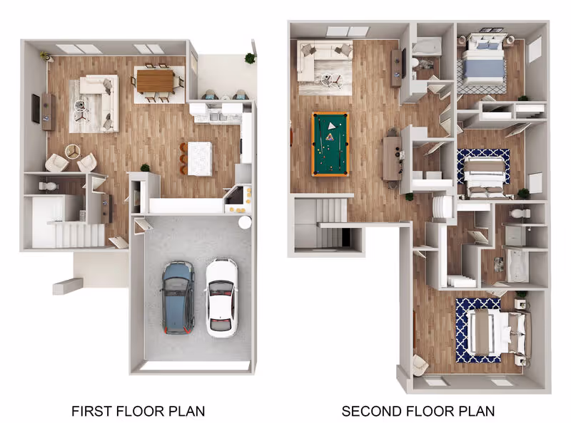 Two-story floor plan rendering of The Bowen home model at Enclave at Medina in Von Ormy, TX, featuring first and second floor layouts with bedrooms and recreational space.
