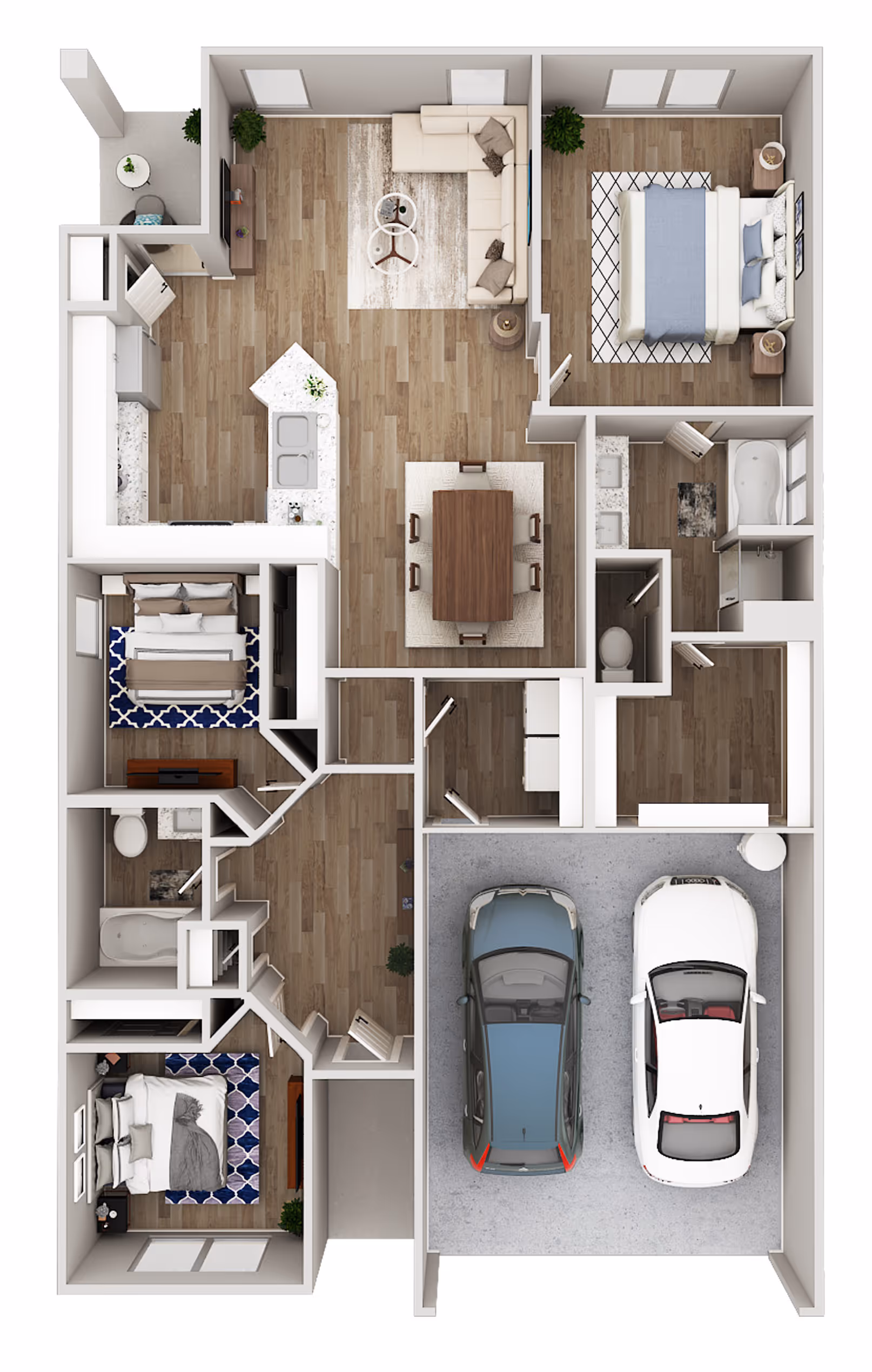 Floor plan rendering of The Torre home model at Enclave at Medina in Von Ormy, TX, showing multiple bedrooms, open living areas, and a two-car garage.