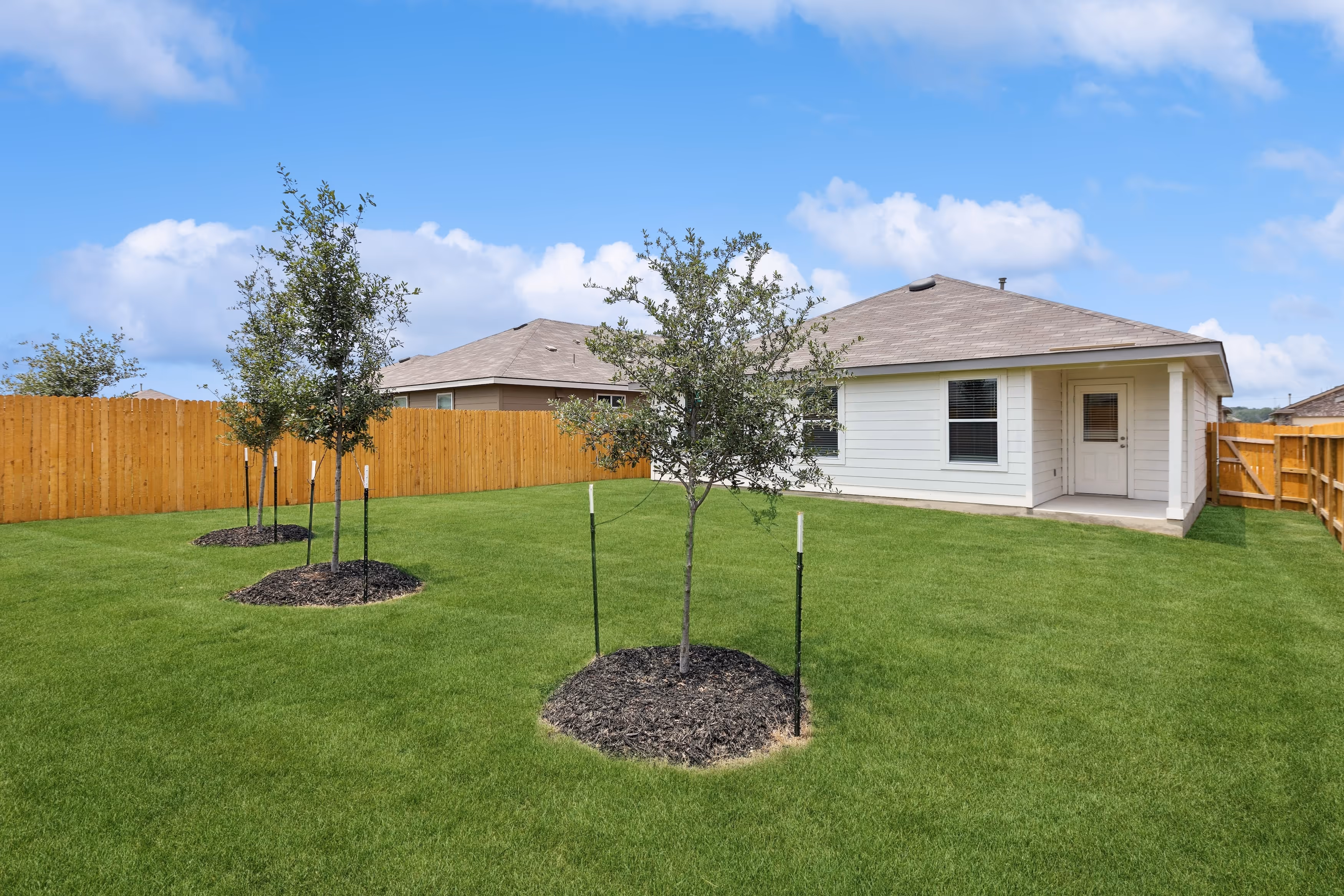 Spacious backyard with green grass, newly planted trees, and a wooden fence, belonging to a home at Enclave at Medina in Von Ormy, TX.