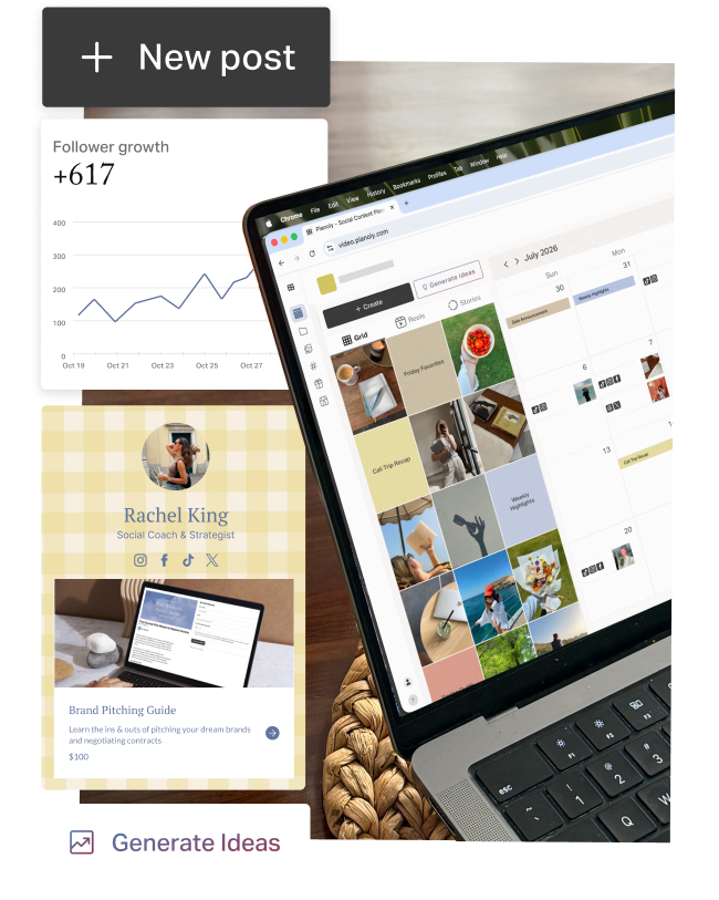 Planoly displayed on a laptop with design elements surrounding it. The design elements are a new post button, a graph showing follower growth, a link-in-bio, and a button to generate ideas.