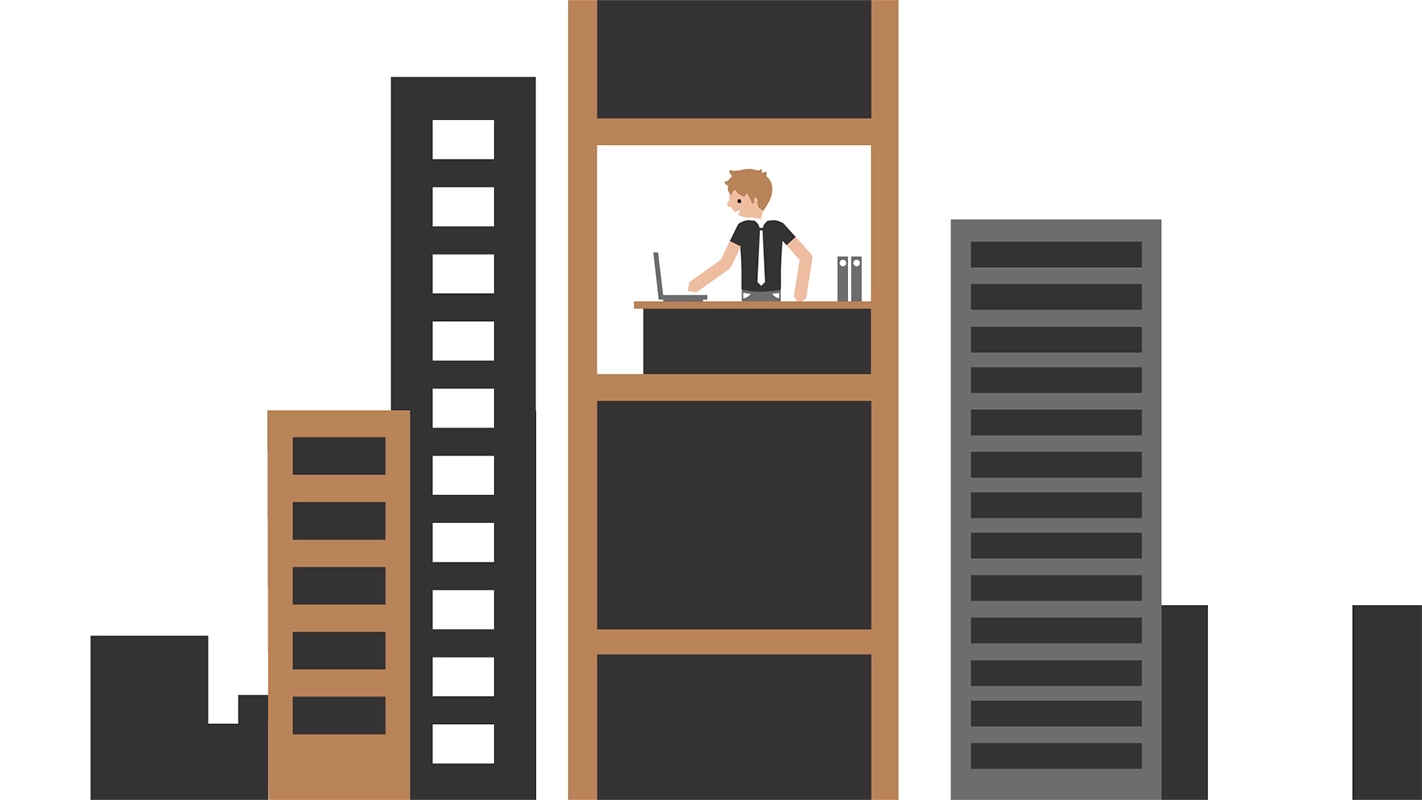 Erklärfilm der Filmproduktion Panda Pictures aus München und Ulm für Progenium. Animation eines Mannes, der in einem Gebäude am Laptop arbeitet, Büroumgebung.