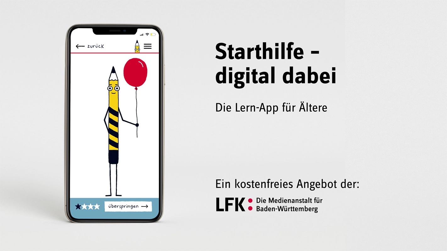Erklärfilm der Filmproduktion Panda Pictures aus München und Ulm für Landesanstalt für Kommunikation. Ein Smartphone mit der Startseite der „Starthilfe – digital dabei“ Lern-App, präsentiert als Produktplatzierung.