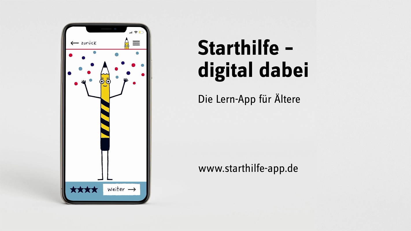 rklärfilm der Filmproduktion Panda Pictures aus München und Ulm für Landesanstalt für Kommunikation. Die Endseite der Lern-App „Starthilfe“ auf einem Smartphone, klar und verständlich als filmische Illustration dargestellt.