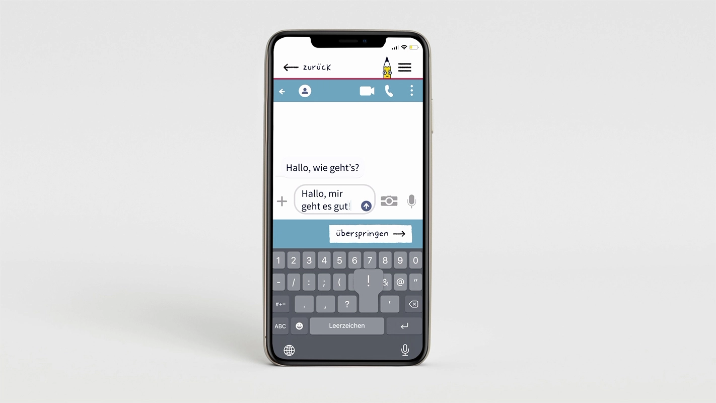 Erklärfilm der Filmproduktion Panda Pictures aus München und Ulm für Landesanstalt für Kommunikation. Ein Smartphone zeigt die "Starthilfe" App mit einer Chat-Nachricht, die Interaktion wird hier als Screen-Recording dargestellt.