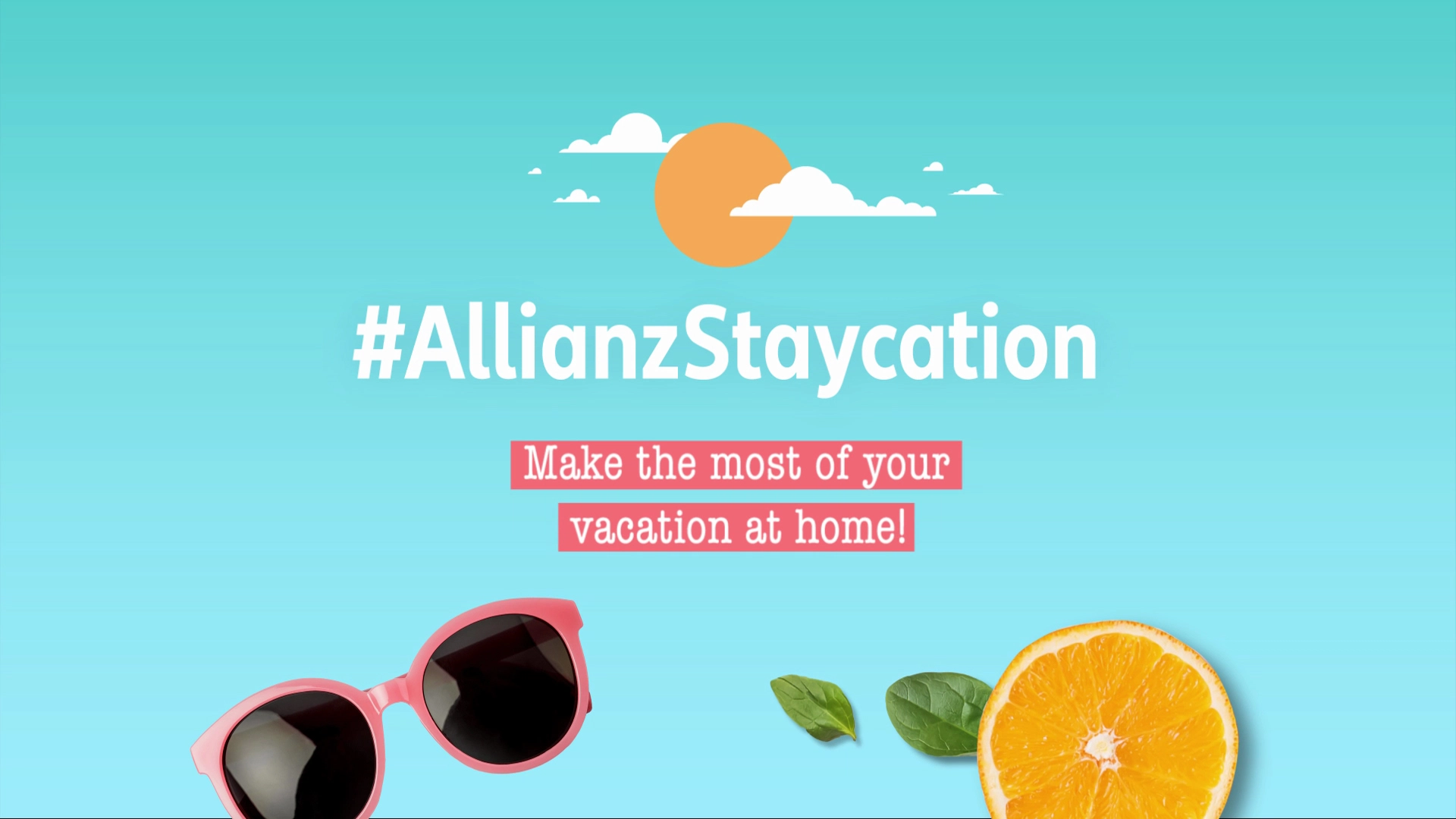 Social Media Clips der Filmproduktion Panda Pictures aus München und Ulm für Allianz. Graphic Design mit Sommervibes: Allianz Staycation Slogan, Sonnenbrille, Orange und Blätter.