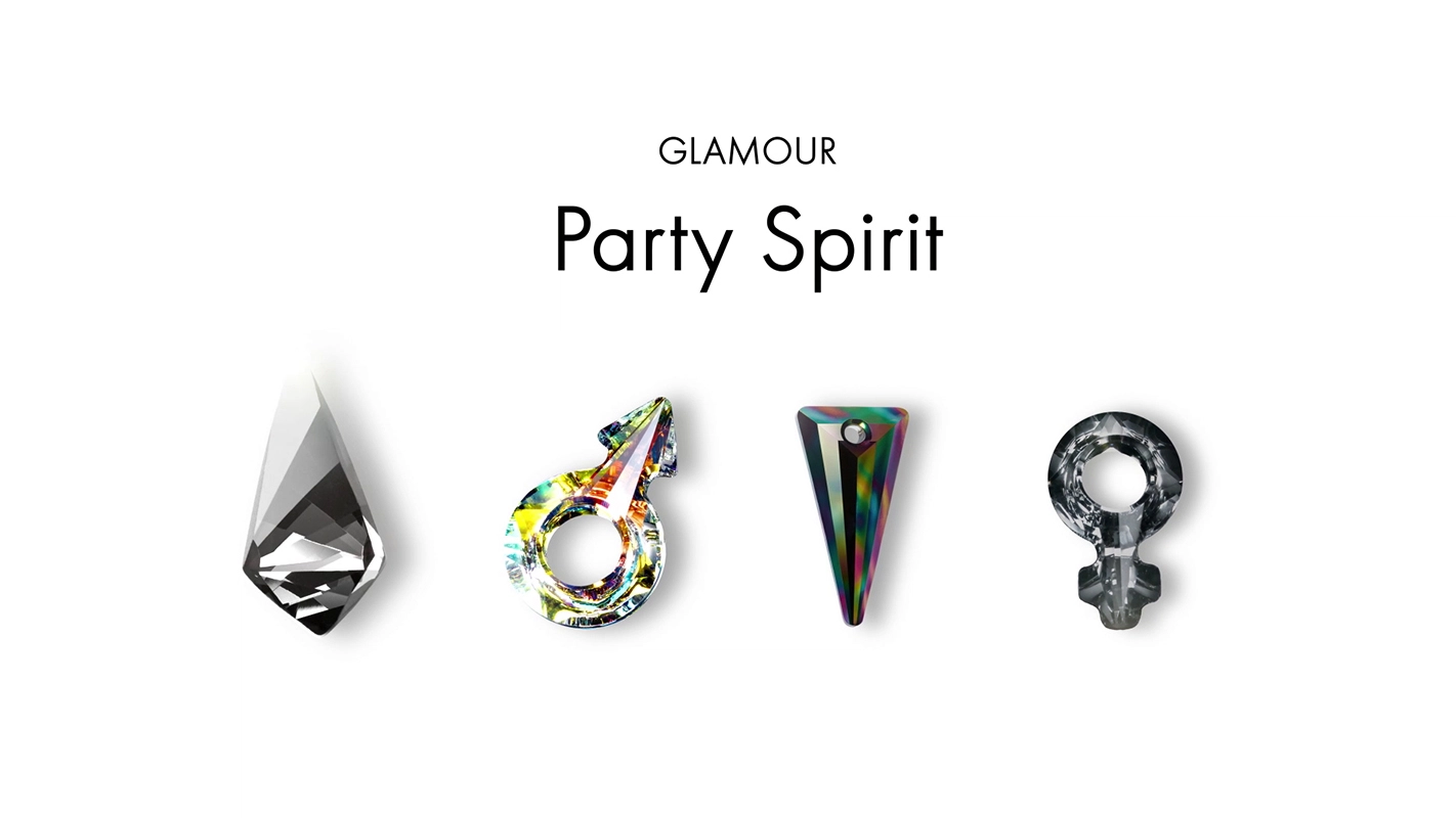 Filmproduktion Panda Pictures aus München und Ulm. Imagefilm von Swarovski. Vier Kristalle in verschiedenen Formen unter dem Titel "GLAMOUR Party Spirit", kreatives Title Design für eine Marketingkampagne.