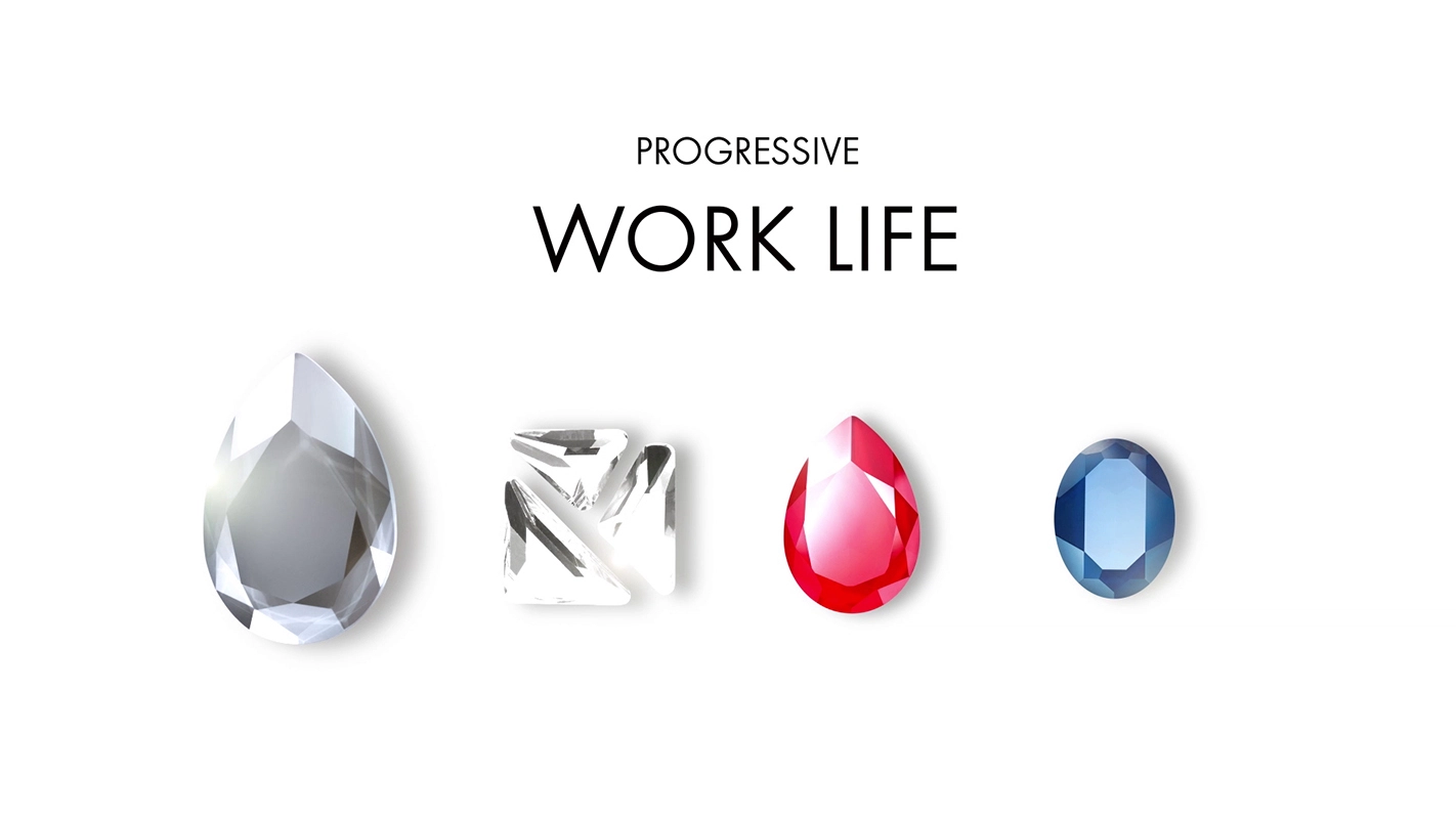 Filmproduktion Panda Pictures aus München und Ulm. Imagefilm von Swarovski. Vier Kristalle in Tropfen- und Quadrat-Form mit den Worten "PROGRESSIVE WORK LIFE", minimalistisches Grafikdesign für eine Kampagne.