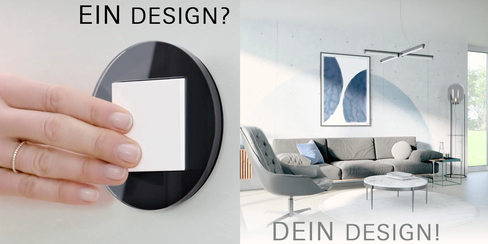 Imagefilm der Filmproduktion Panda Pictures aus München und Ulm für GIRA. Nahaufnahme einer Hand, die einen modernen, runden Lichtschalter bedient, auf der linken Seite. Rechts ein stilvolles Wohnzimmer mit Sofa und Sessel. Design und Funktion in einem.