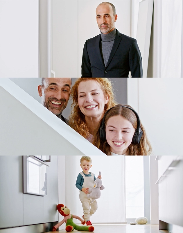 Imagefilm der Filmproduktion Panda Pictures aus München und Ulm für GIRA. Eine Split-Screen-Aufnahme zeigt drei Szenen: einen stehenden Darsteller, eine lächelnde Familie an einer Treppe und ein Kleinkind mit Stofftier in einem Flur, was die Vielseitigkeit
